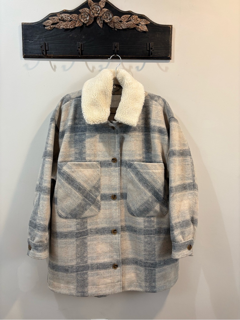 Lucky Brand Plaid Fleece Faux Shearling Shacket Jacket Size Large